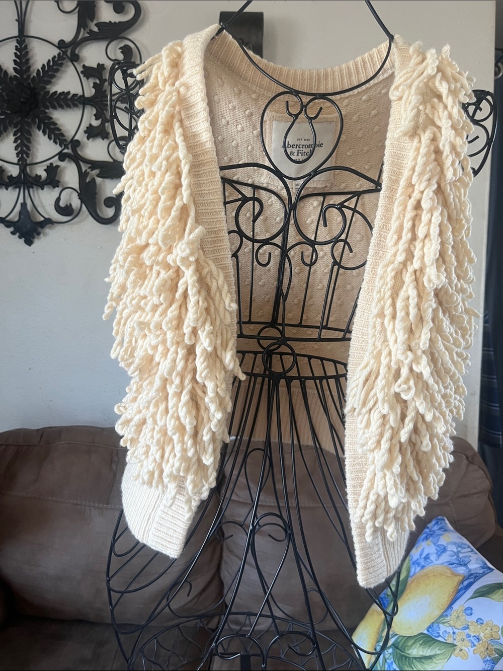 Abercrombie & Fitch Cream Chunky Loop-Trim Open Vest Cardigan